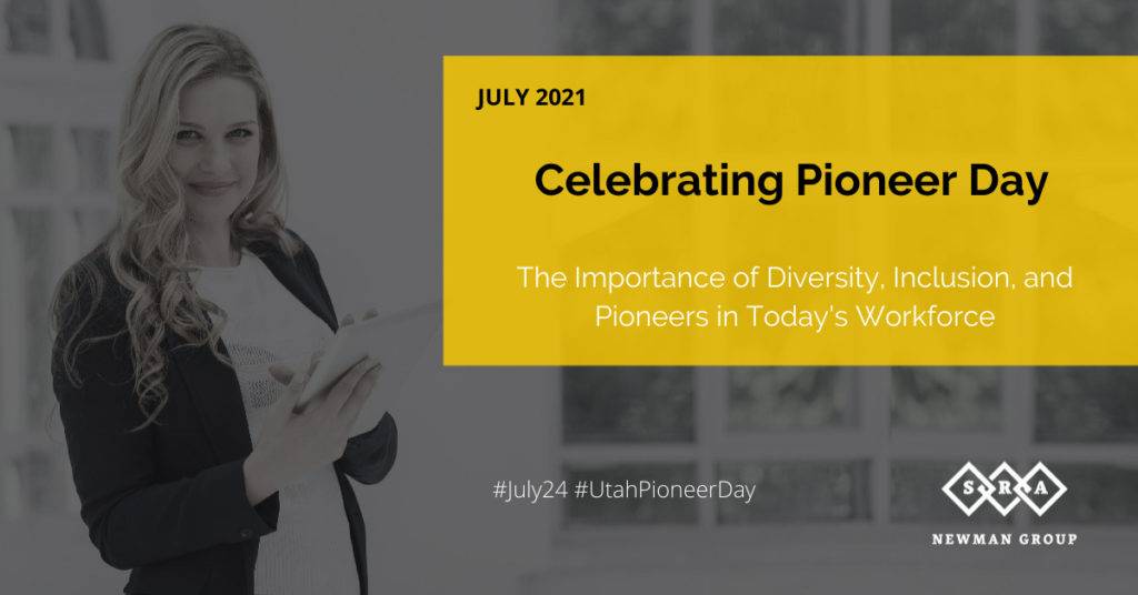 woman using a tablet and smiling. Captioned "Celebrating Pioneer Day. The importance of diversity, inclusion, and pioneers in today's workforce"
